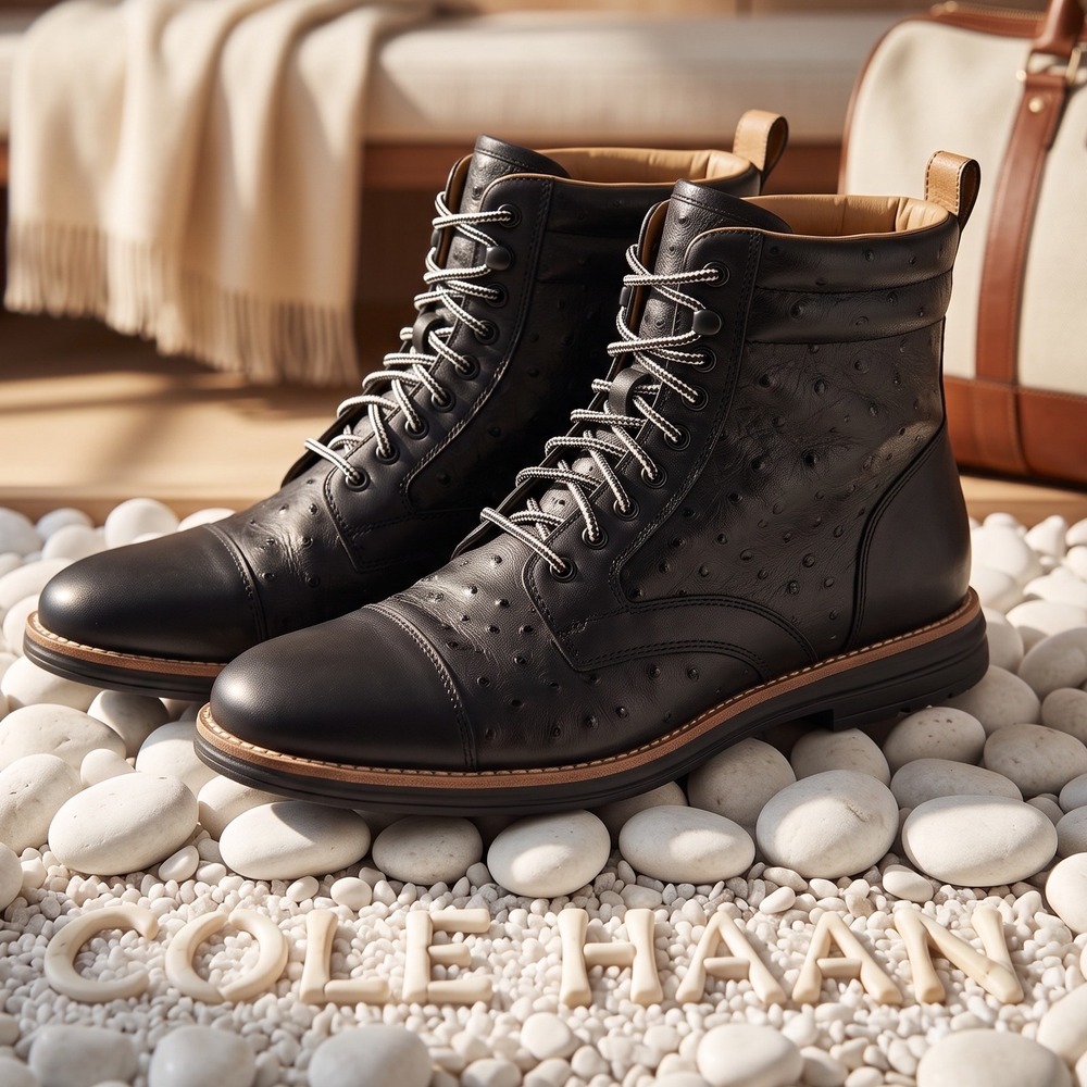 Cole Haan Mens Zerogrand Ostrich Embossed Leather Cap Toe Boots Black 9.5M